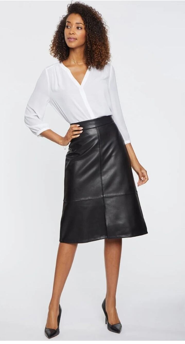 NYDJ Marilyn Sculpt-Her Faux Leather A-Line Skirt in Black Sz 12 NWT Minimalist